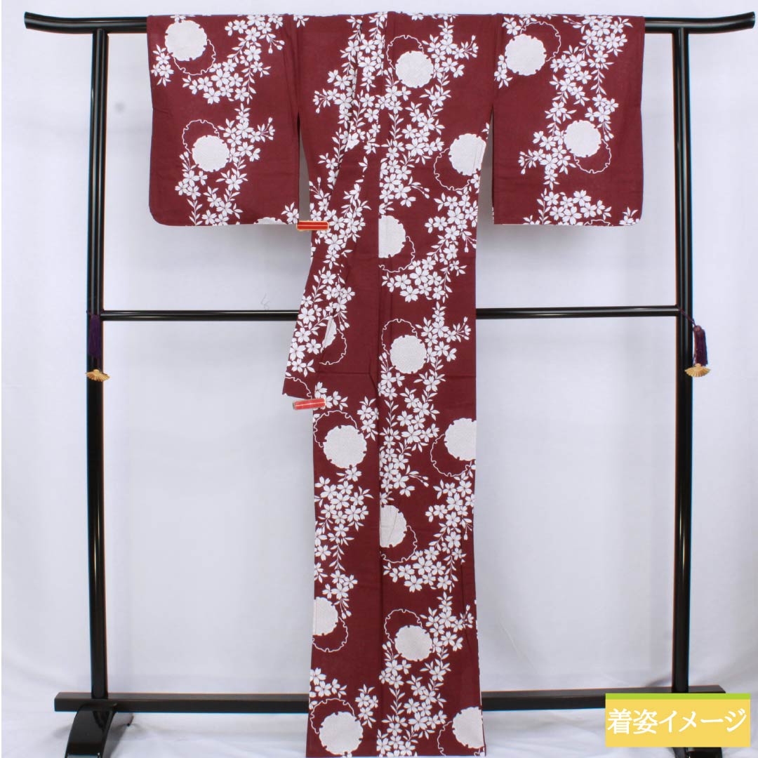 Cotton Yukata, Length 166cm, Sleeve Length 65cm, S Rank, Single Layer, Purple-Reddish Purple (Akamurasaki Iro), Snow Circle and Cherry Blossom Design, Product Number: 1118006302520