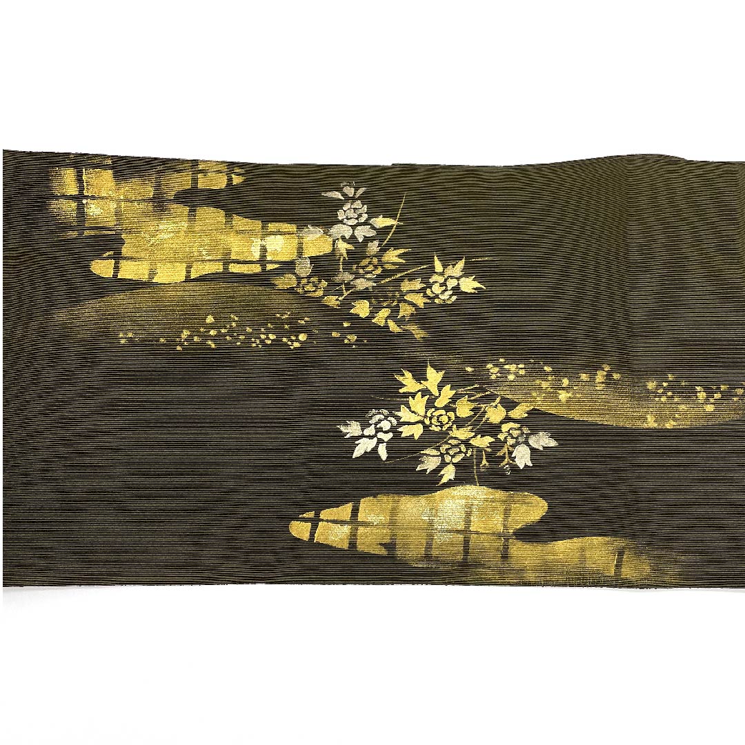 名古屋帯 黒橡色 花模様 作家物 帯丈366cm 正絹 Aランク ポイント柄 セミフォーマル 緑系 1124003813319  開き仕立て