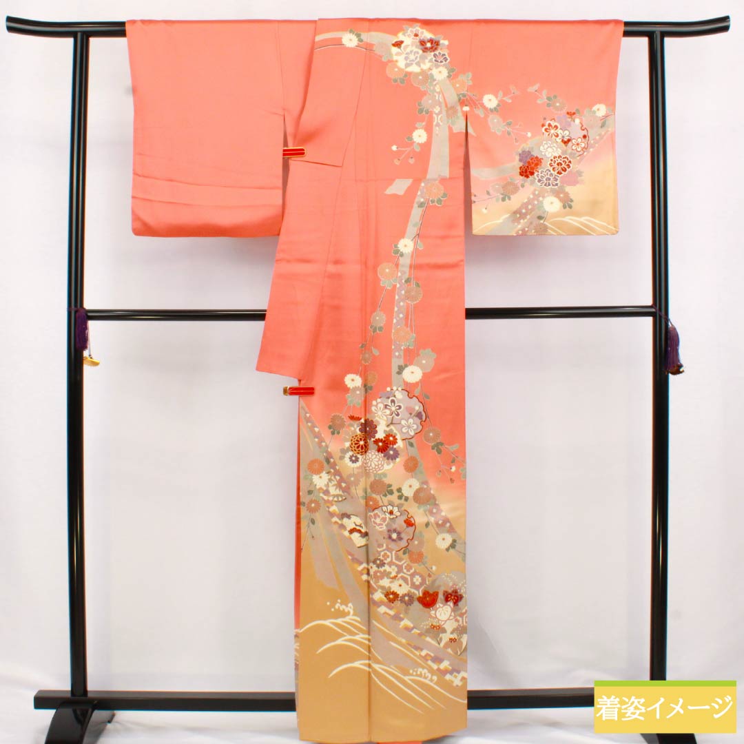訪問着 正絹 Aランク 袷 身丈160.5cm 裄丈65.5cm 榴花紅色（リューホワホンいろ） 京友禅 雪輪 菊 橘 紗綾形 ピンク系 1112006233413