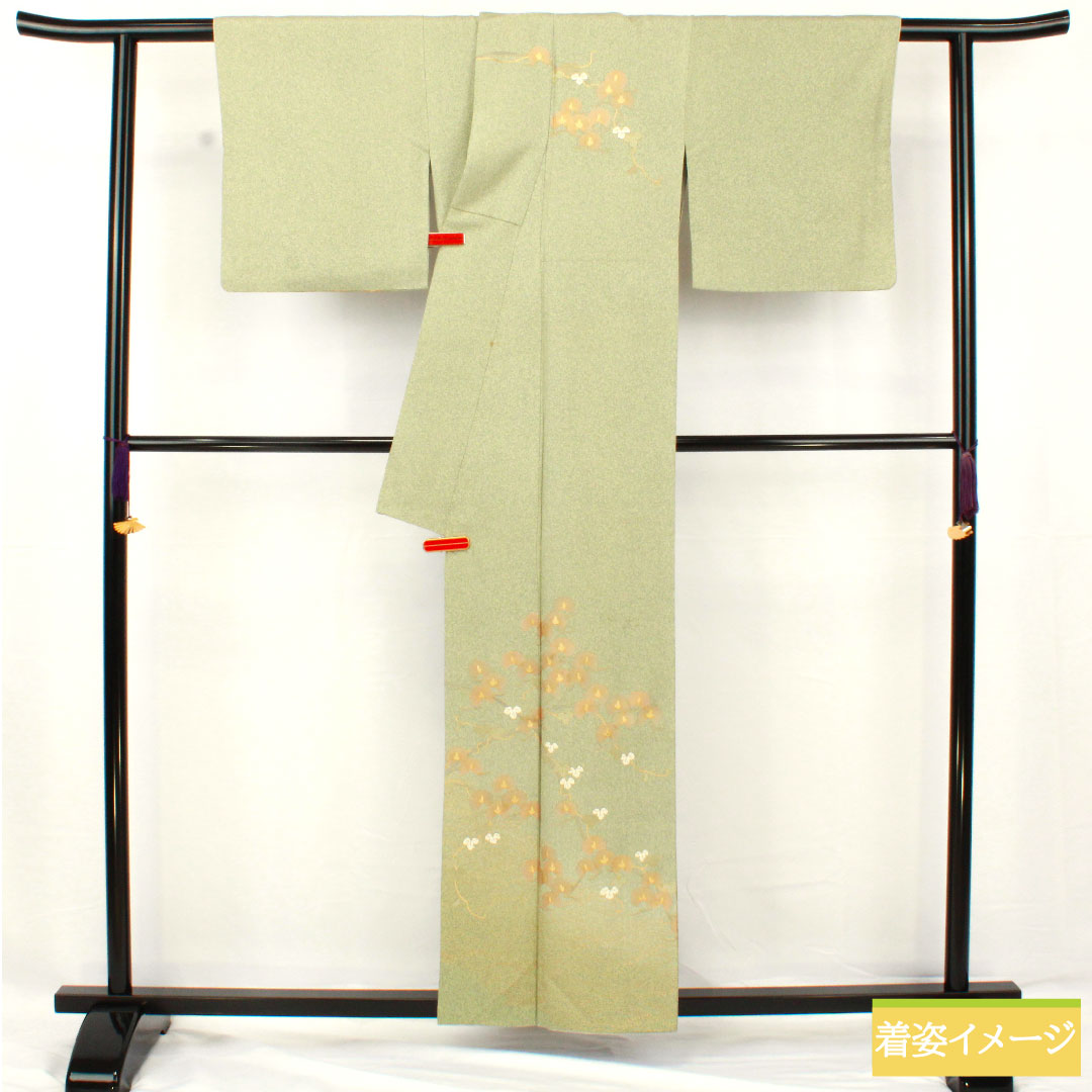 訪問着 正絹 袷 身丈155cm 裄丈62cm 裏葉色（うらはいろ） 京友禅 タタキ染 草花模様 作家物 Aランク 緑系 1112005413319