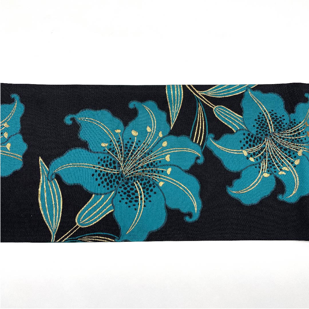 袋帯 草野一騎 百合 振袖用 作家物 黒色 帯丈440cm 正絹 Sランク 六通 セミフォーマル 黒系 1123004722310