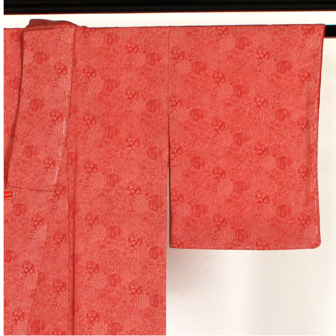 小紋 身丈164cm 裄丈64cm 袷  蝶と孔雀の羽 正絹 Sランク 朱系 1115000572316