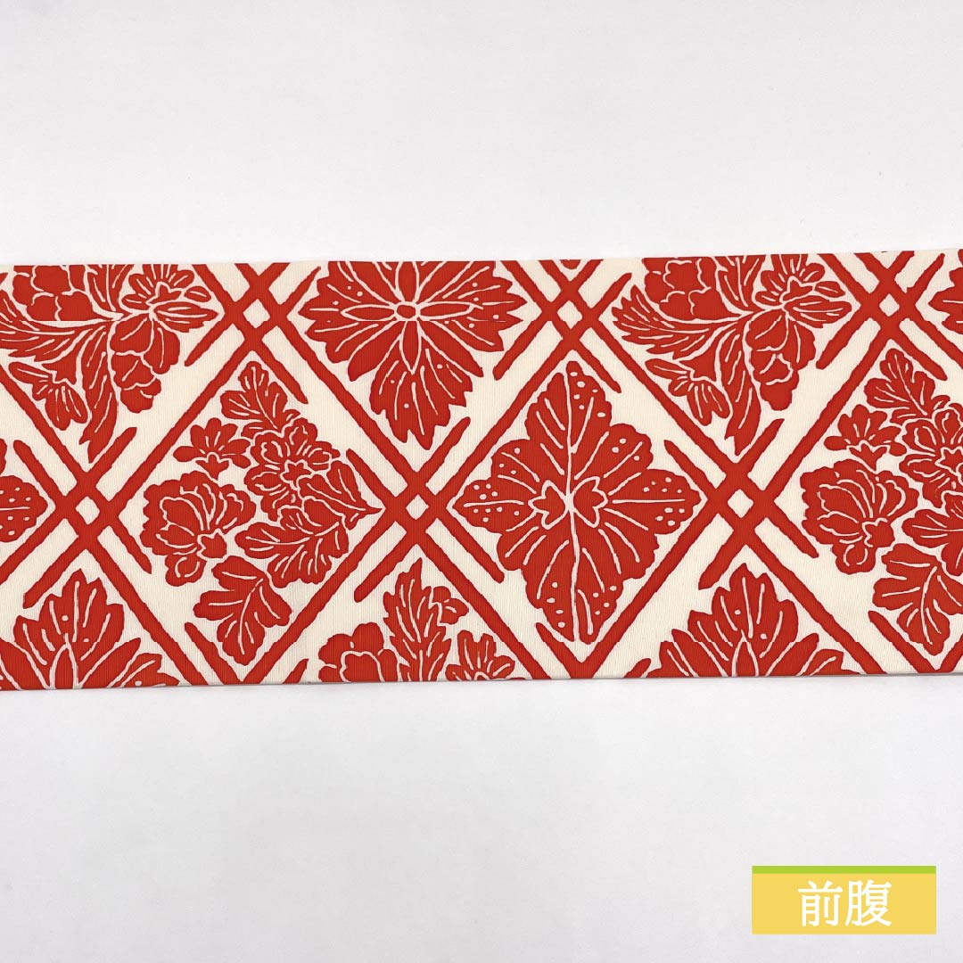 名古屋帯 型染 紅型調模様 繋ぎ菱 帯丈359cm 正絹 Aランク 全通 カジュアル 白系 1124006573311 名古屋仕立て