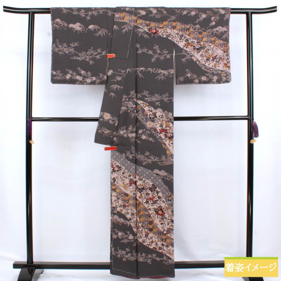 訪問着 正絹 Sランク 袷 身丈160.5cm 裄丈67cm 石板色（せきばんいろ） 京紅型 松竹梅 鳥 しつけ糸付き グレー系 1112006082422