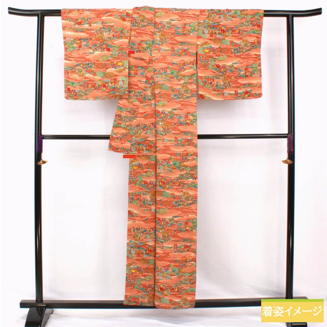 Komon, pure silk, length 155.5cm, sleeve length 66cm, lined, copper color (akaganeiro), historical picture scroll, S rank, brown, 1115005042314