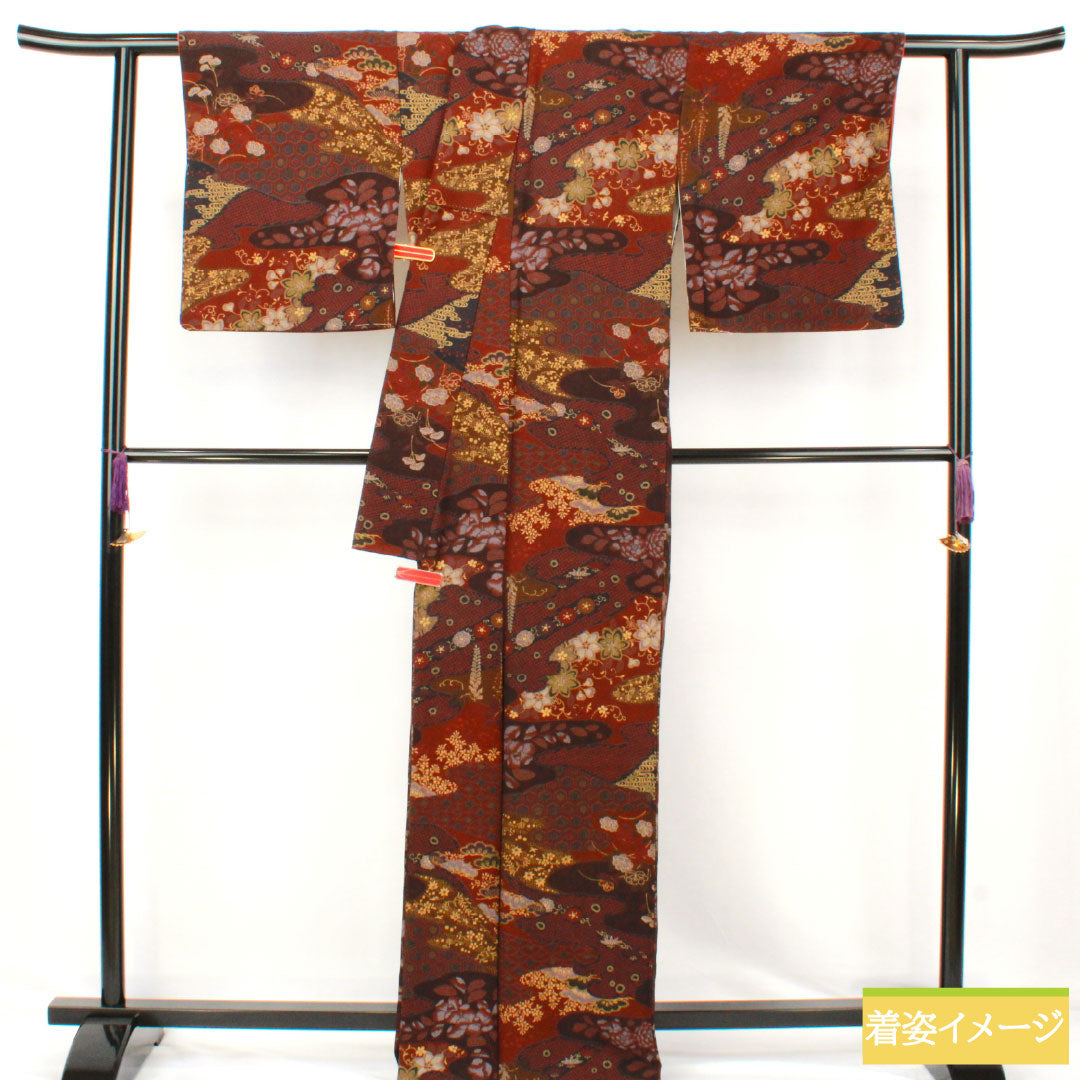 小紋 正絹 Sランク 身丈164.5cm 裄丈64.5cm 袷 小豆茶色（あずきちゃいろ） 辻ヶ花 ザ・スーパーシルク スコッチガード加工  茶系 1115007632414