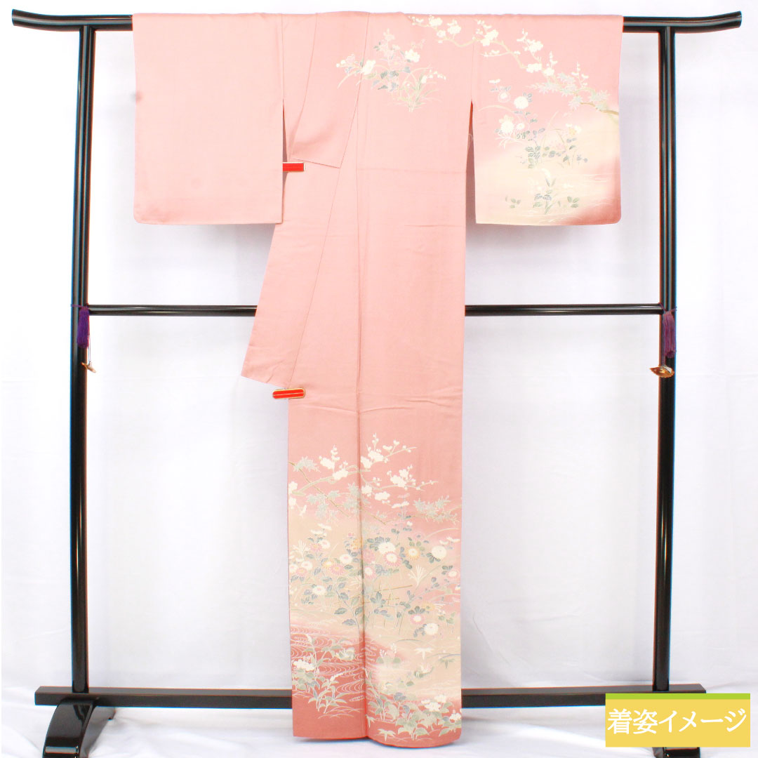 訪問着 正絹 袷 身丈162cm 裄丈64cm 東雲色（しののめいろ） 京友禅 草花模様 しつけ糸付き Sランク ピンク系 1112005692413