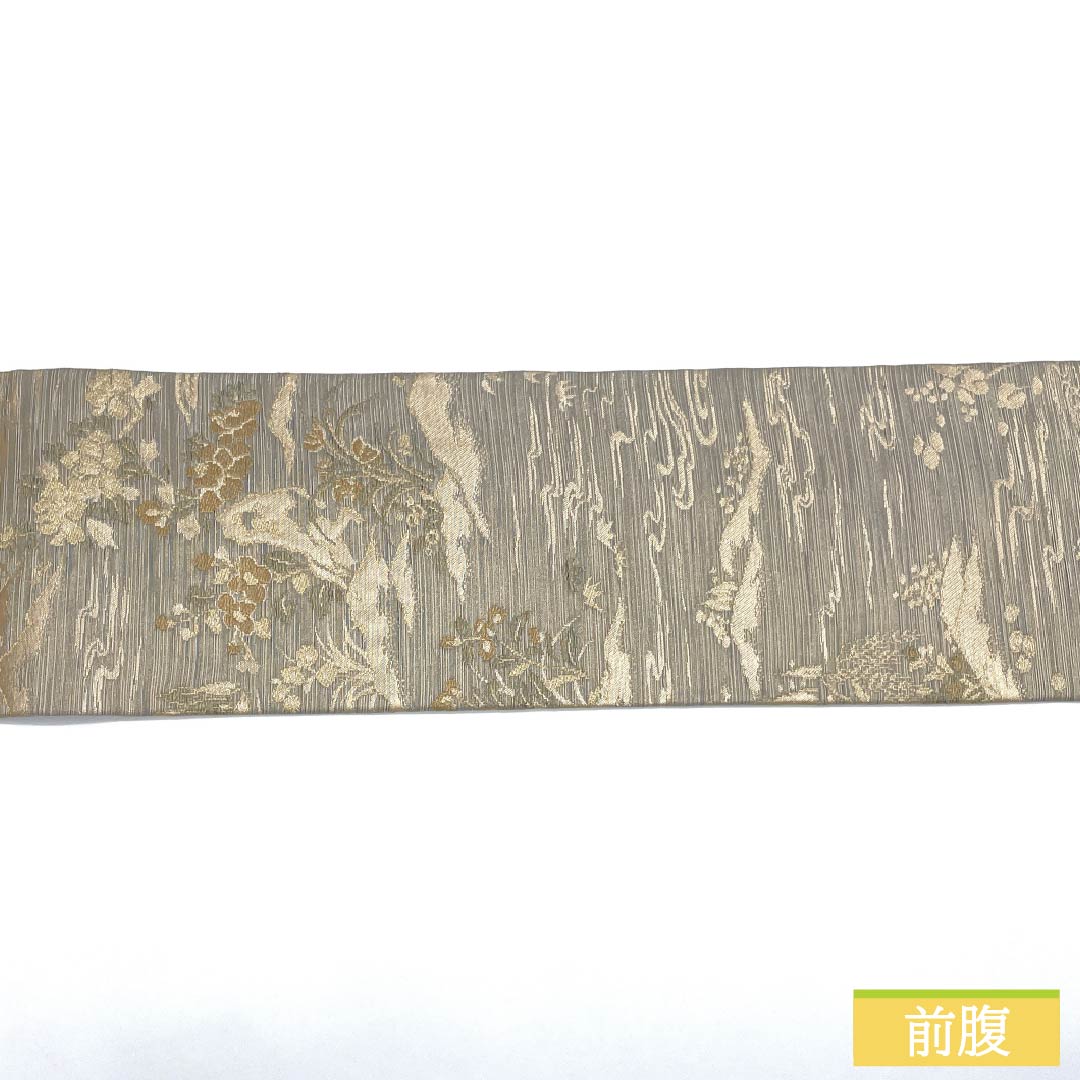 名古屋帯 正絹 Sランク 風景模様 花模様 帯丈367cm 六通 セミフォーマル グレー系 1124009562322 名古屋仕立て
