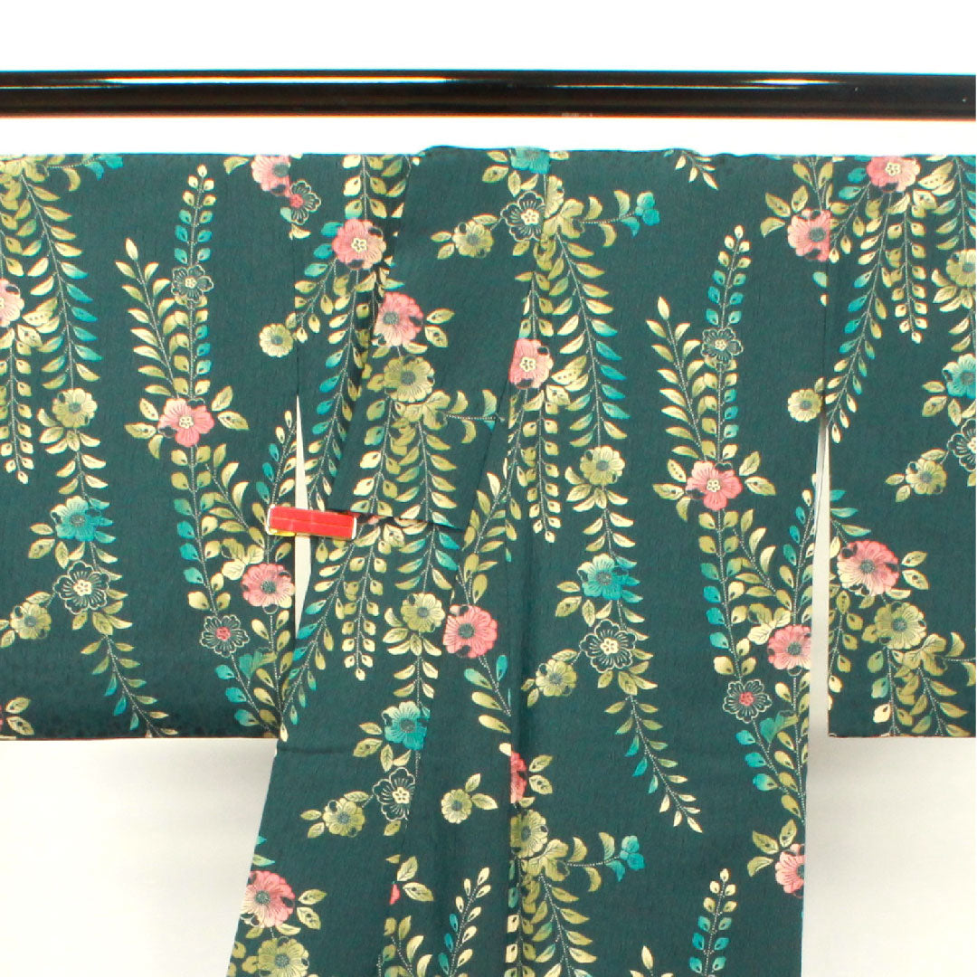Small pattern, Length 161cm, Sleeve length 64.5cm, Awase, Iron color, Washable kimono, Tsujigahana, Polyester, S rank, Green, 1115002612419