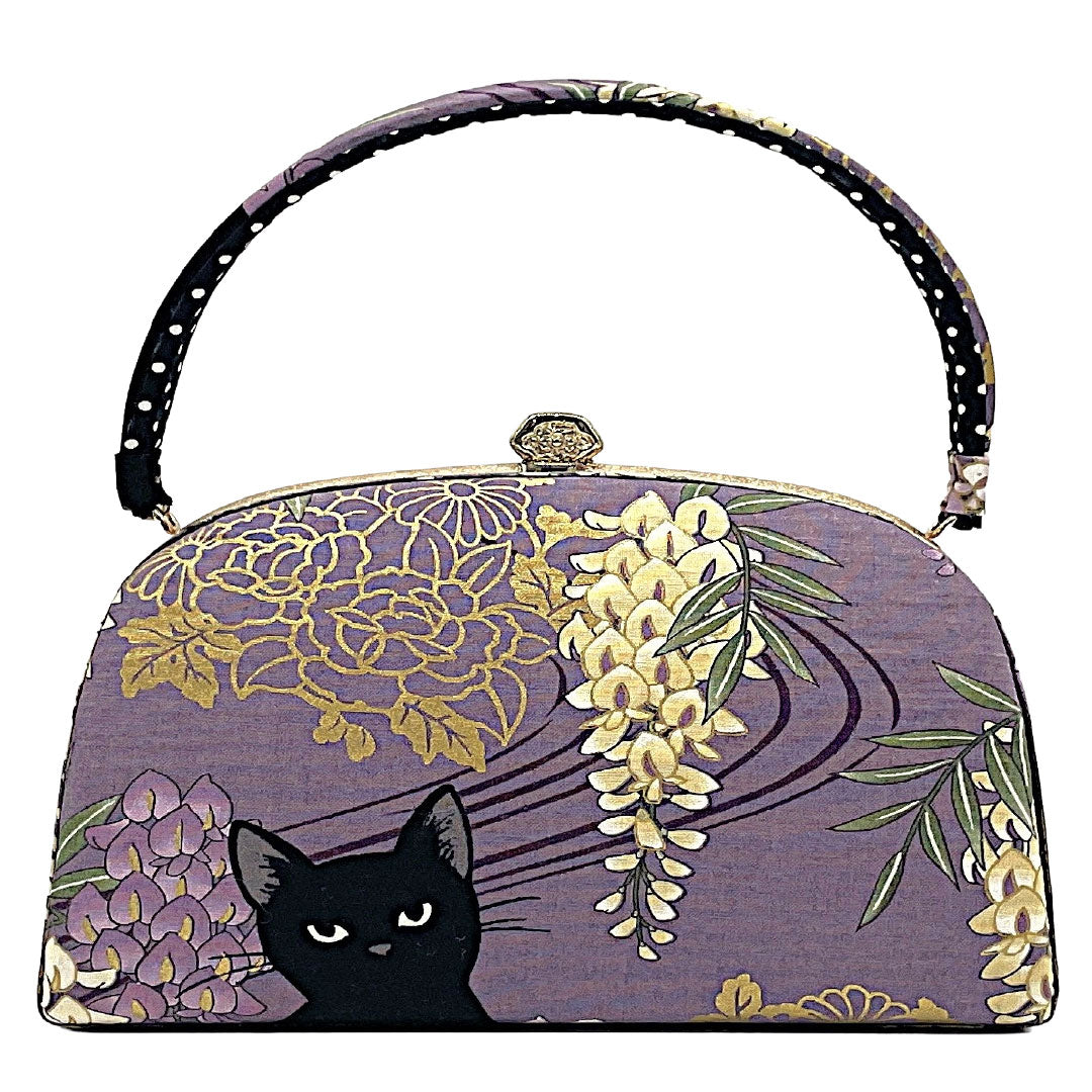 和装バッグ カジュアル NEWランク 鳩羽色（はとばいろ） 黒猫 藤 花柄 紫系 113900135120