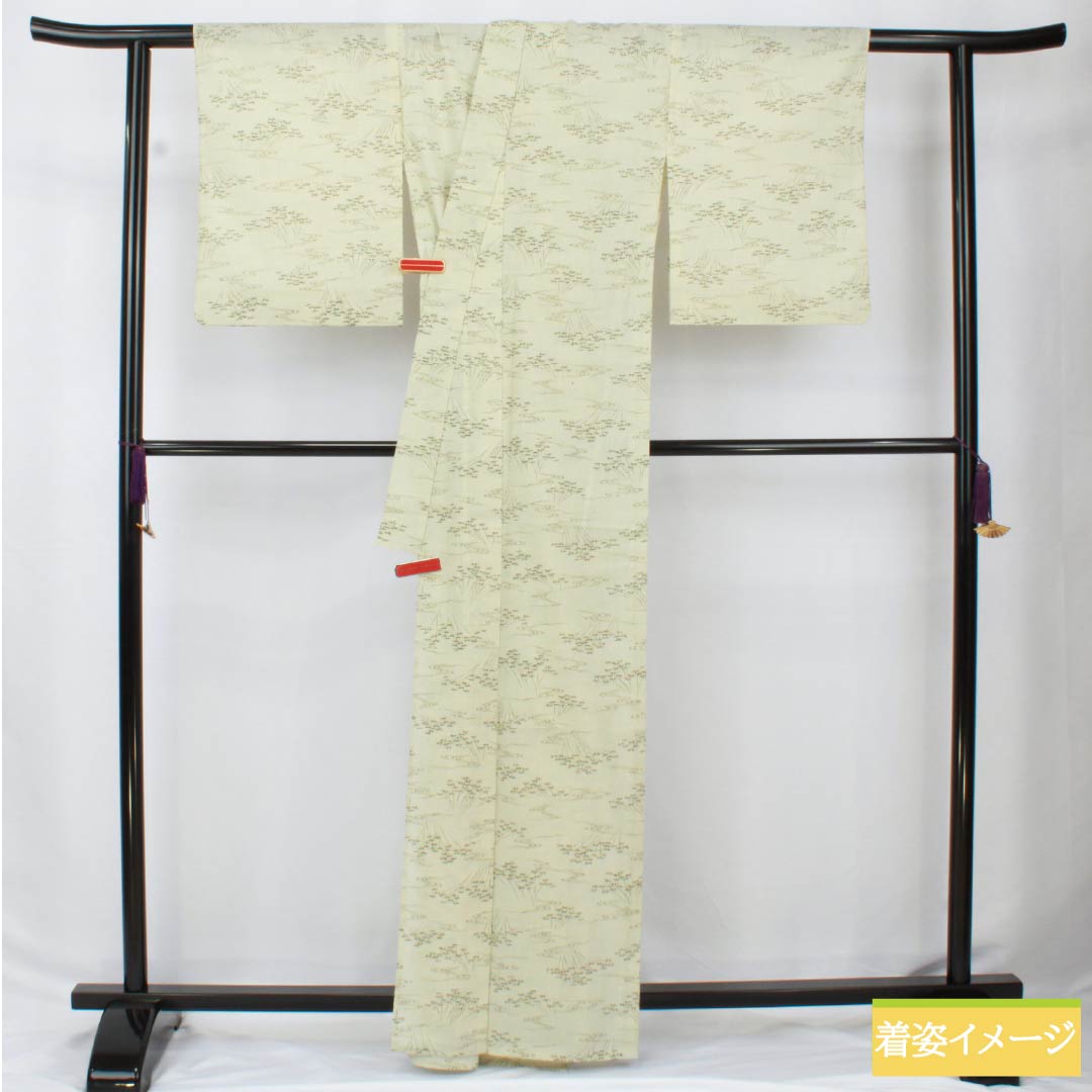 紬 ポリエステル Sランク 身丈163.5cm 裄丈63.5cm 白百合色（しらゆりいろ） 竹 流水 洗える着物 単衣 白系 1116004082411