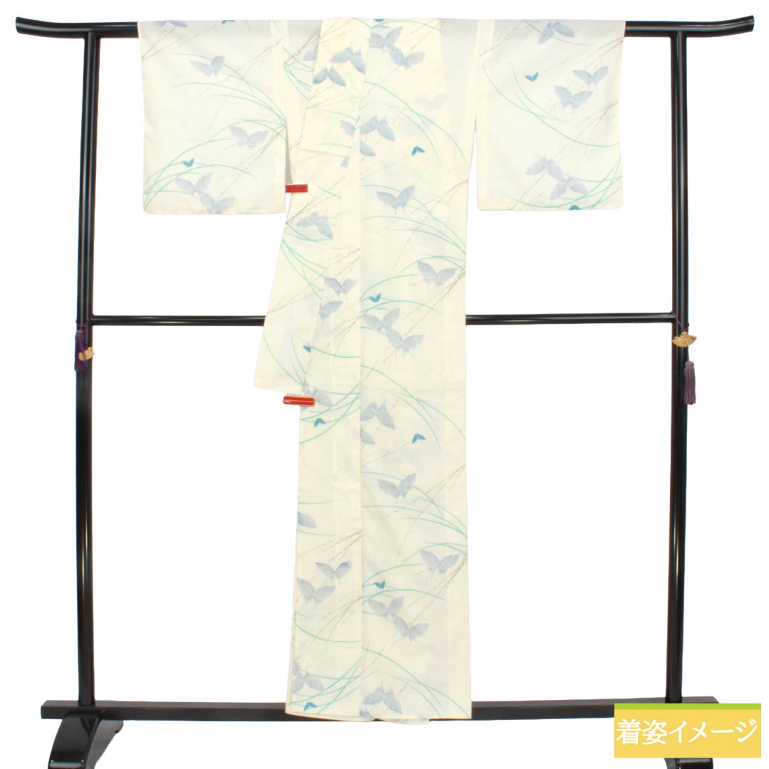 夏物 ポリエステル 小紋 Aランク 身丈156cm 裄丈64.5cm 乳白色（にゅうはくしょく） 洗える着物 蝶 枝葉 絽 白系 1132007133311