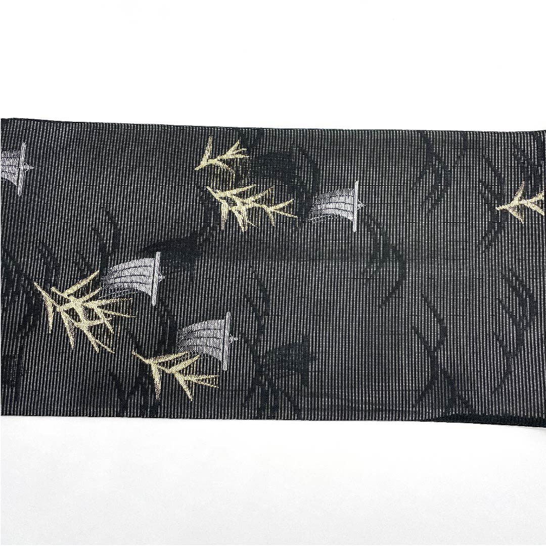 袋帯 夏帯 黒色 帆舟 夏物 帯丈444cm ポリエステル Aランク 六通 セミフォーマル 黒系 1123008553310