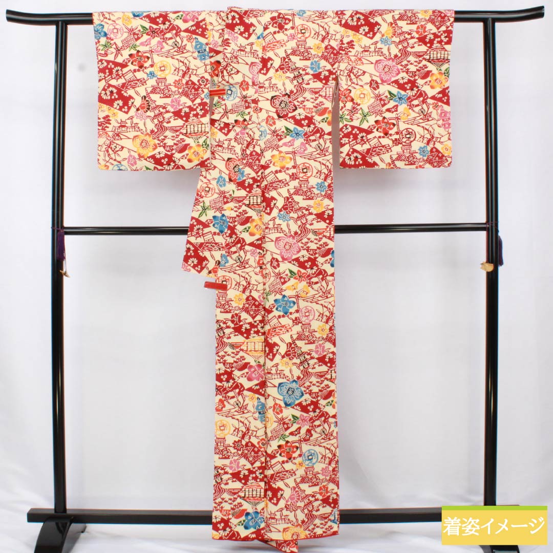 小紋 正絹 Sランク 身丈159.5cm 裄丈66cm 袷 東京白茶色（とうきょうしらちゃいろ） 京紅型 京都風景図 クリーム系 1115006852315
