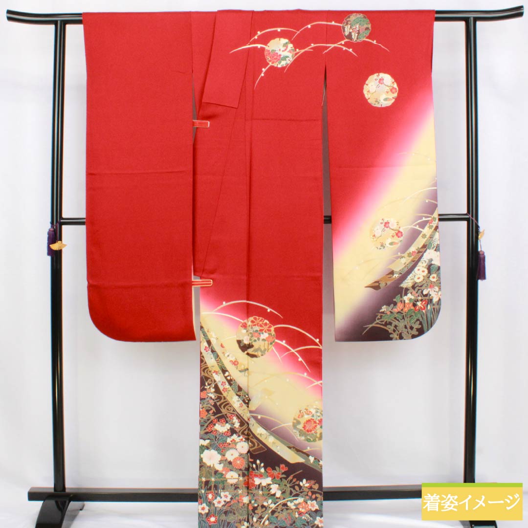 Furisode Kimono (Sleeve Kimono) - Pure Silk, S-Rank, Length 164.5cm, Sleeve Length 65.5cm, Lined, Deep Red, Kyoto Yuzen Pattern, Snow Circles, Dew Grass, Flowers, Red, Item Number: 1113002752412