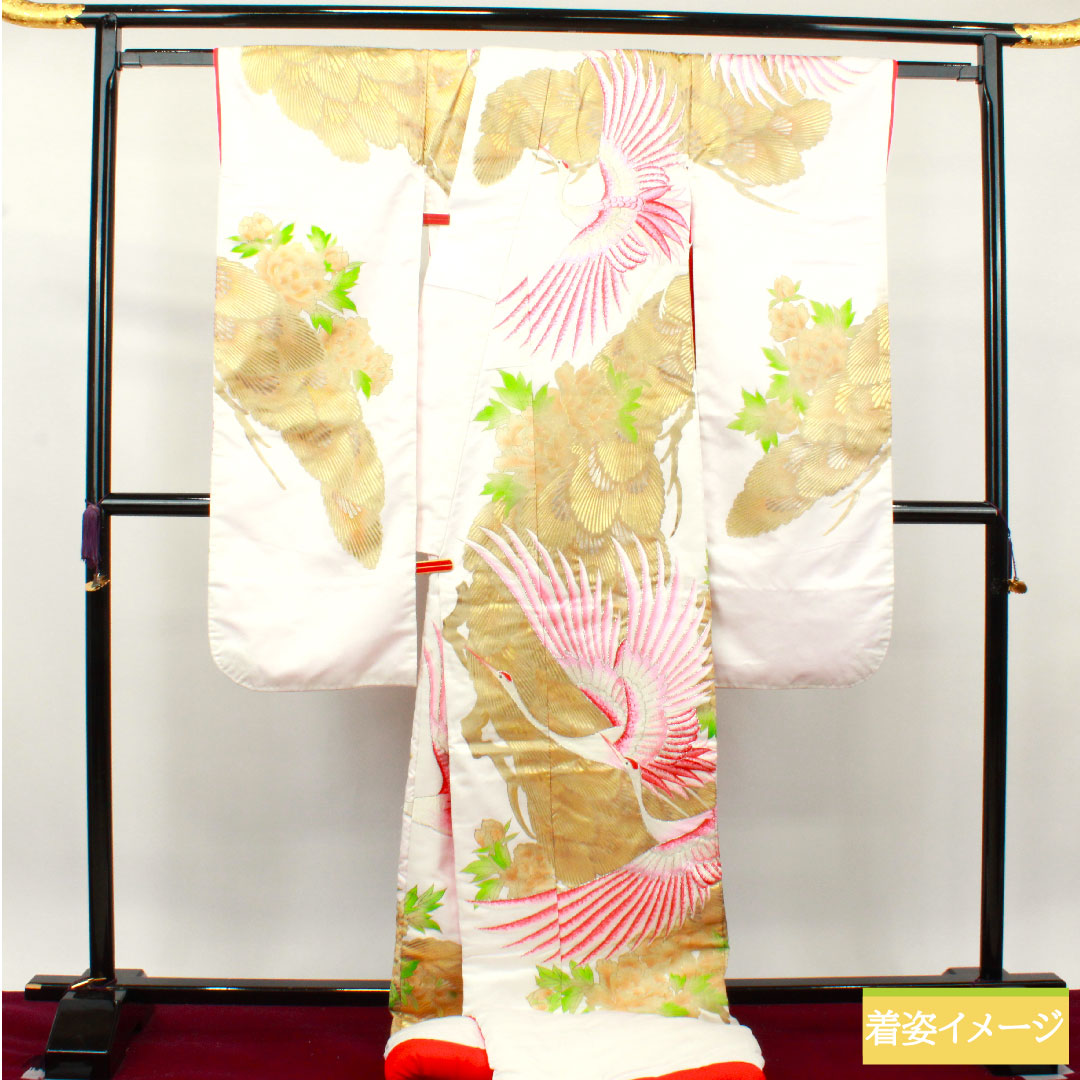 色打掛 正絹 身丈191cm 裄丈65cm  唐織 金彩加工 鶴 Bランク 袷 白系 1110000664911