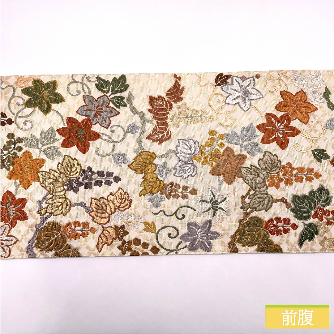 袋帯 正絹 胡粉色（ごふんいろ） 唐織 七宝桐鉄線文 帯丈422cm Aランク 六通 フォーマル 白系 1123014093311