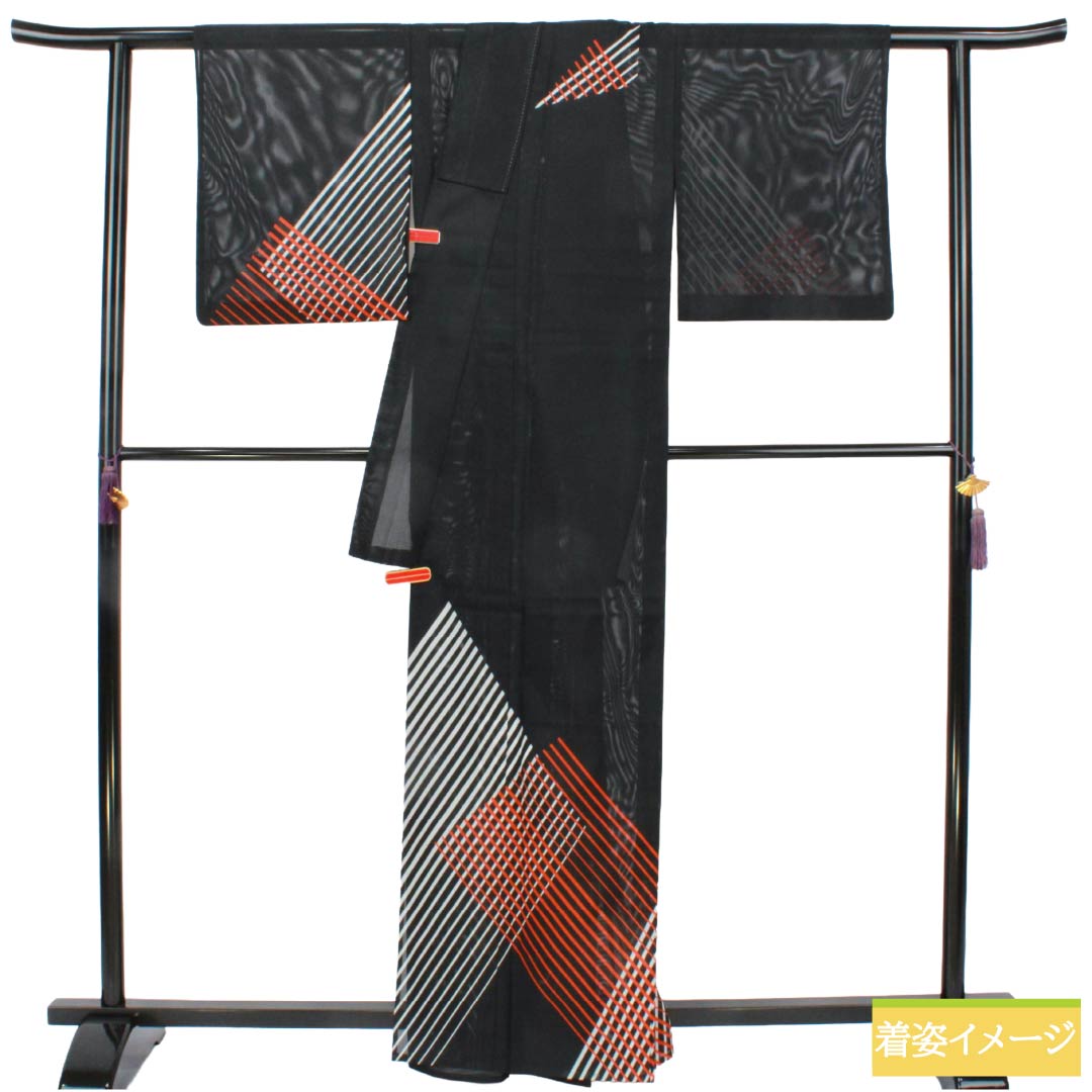 夏物 ポリエステル 付下げ Sランク 身丈163.5cm 裄丈64cm 洗える着物 抽象模様 絽 黒系 1132006222410