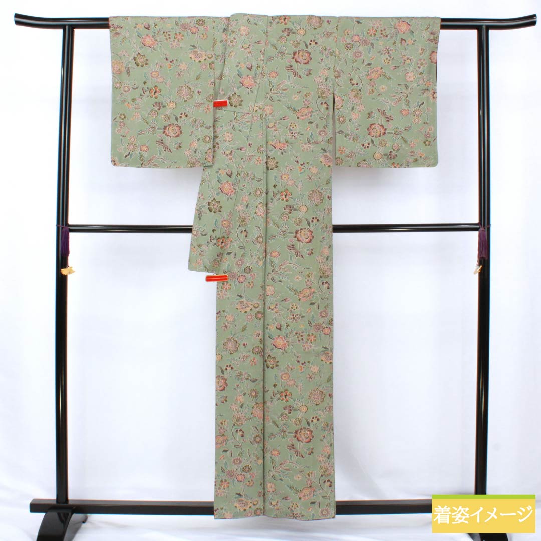 小紋 正絹 Sランク 身丈156.5cm 裄丈63cm 袷 利休鼠色（りきゅうねずみいろ） 更紗 緑系 1115007162319