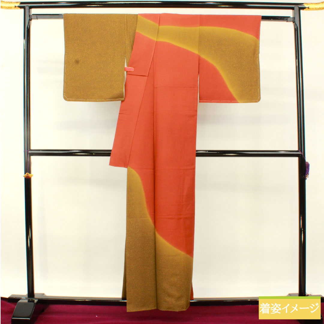 Homongi (formal kimono) made of pure silk, lined, length 158.5cm, sleeve length 65.5cm, sea pine brown, scarlet copper, tapped dye, S rank, gradation style, 1112004832399