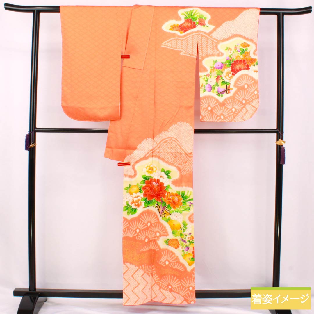 訪問着 正絹 Aランク 袷 身丈158cm 裄丈62cm 赤橙色（あかだいだいいろ） 京友禅 絞り 吉祥文様 入子菱 花 橙系 1112007513326