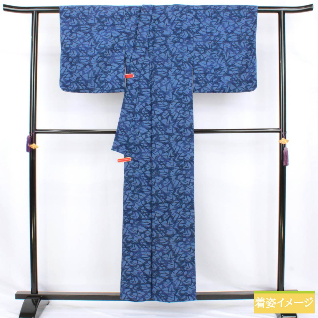 小紋 ポリエステル Sランク 身丈155.5cm 裄丈65cm 単衣 紺藤色（こんふじいろ） 型染 鳥 うそつき襦袢 洗える着物 青系 1115007962317