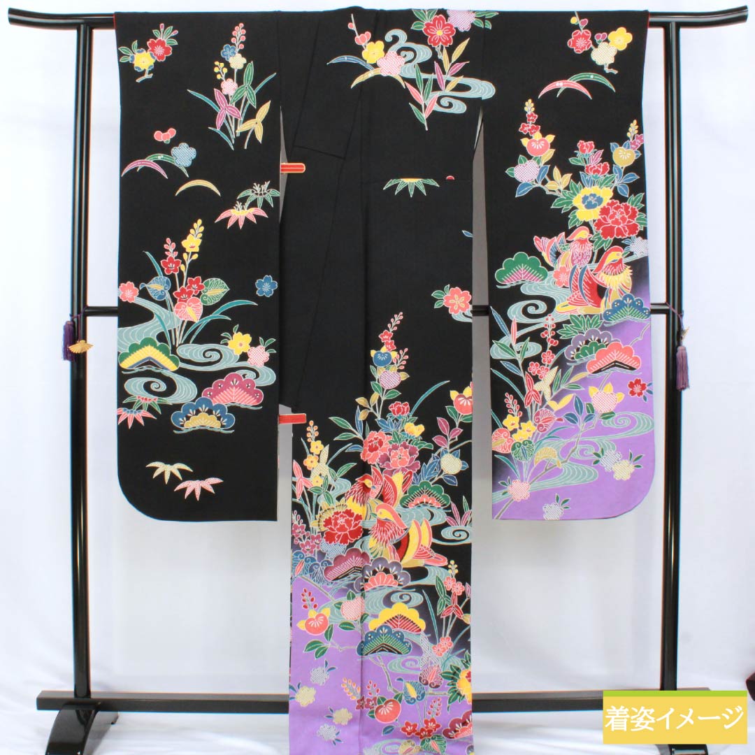 高級　京紅型　有名作家　黒　振袖フルセット　伝統工芸　丈164 裄67 リサイクル着物】振袖 正絹 Sランク 身丈170cm 裄丈70cm 袷 黒色 京
