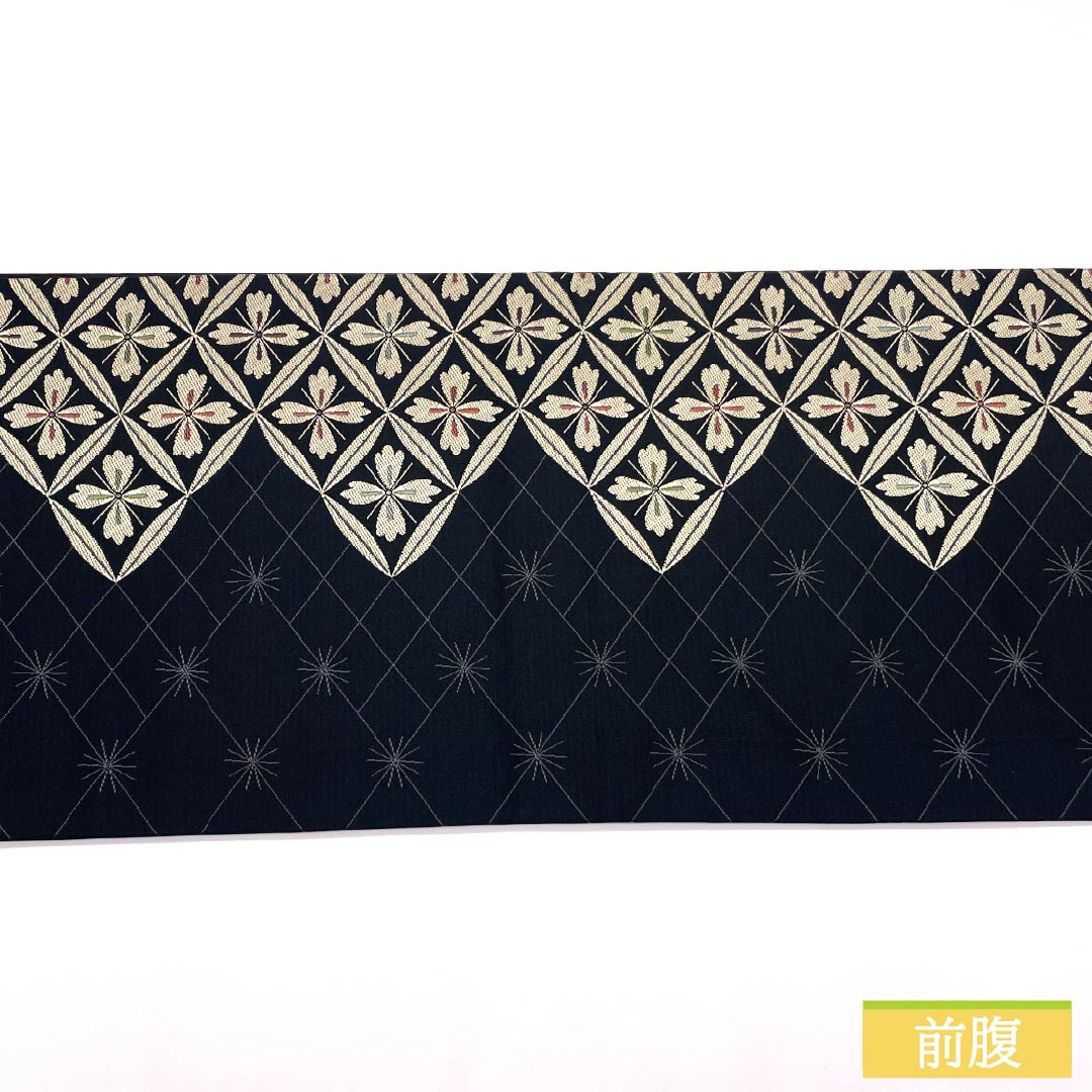 (Kyoto Fukuro Obi) Nagoya Obi, Polyester, S-Rank, Reversible, Hanabishi Pattern, Length 384cm, Full Length, Semi-Formal, Black, 1124011012410, Open-Ended