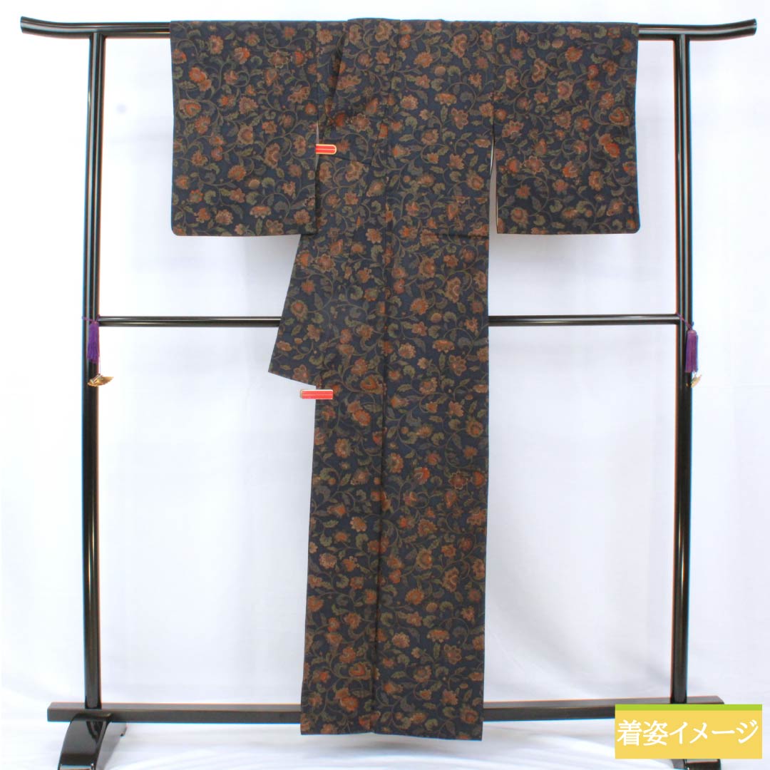 小紋 正絹 身丈160cm 裄丈63cm 袷 濃紺色（のうこんいろ） 更紗模様 Sランク 紺系 1115005282418