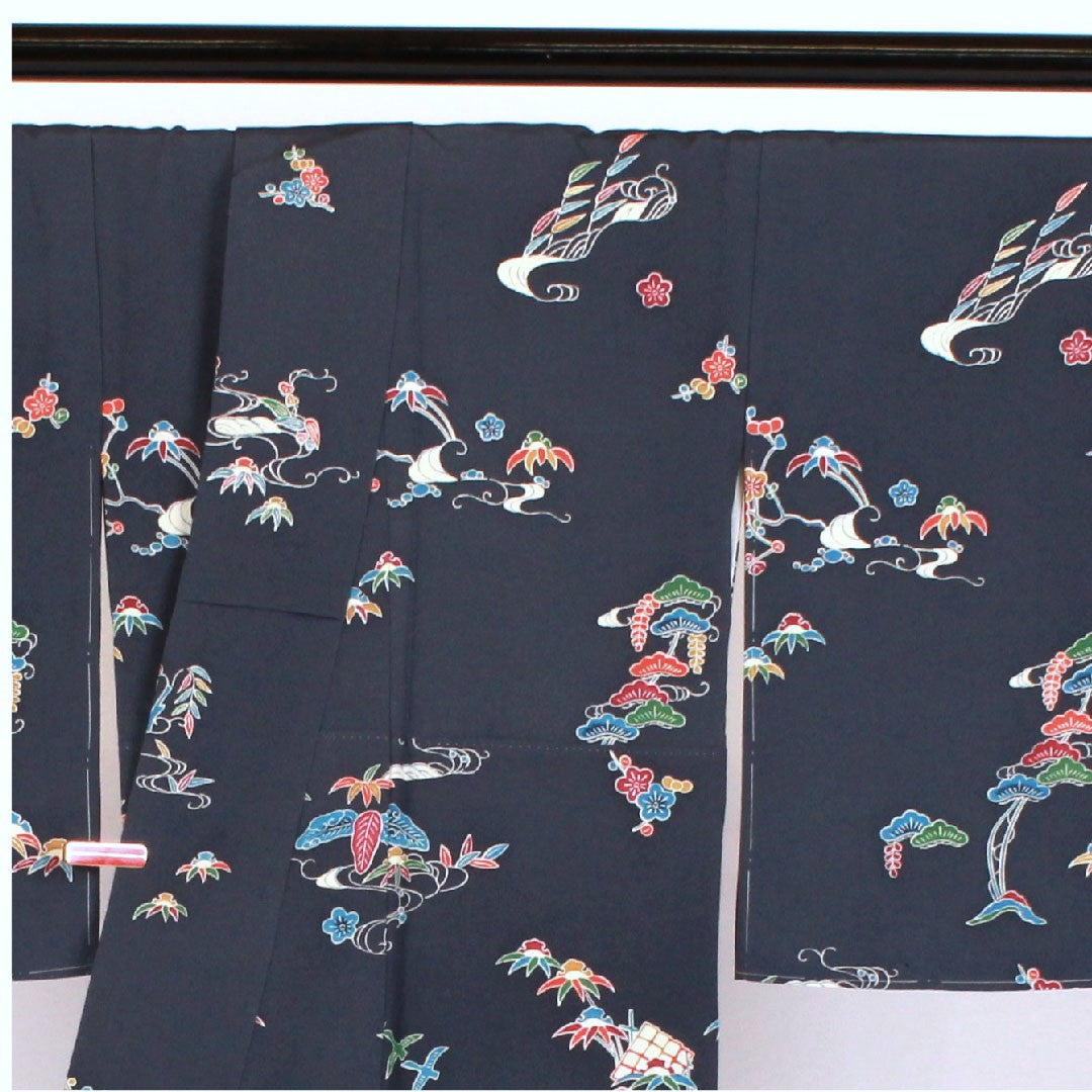 訪問着 袷 身丈157cm 裄丈64cm 型染 正絹 Sランク 紺系 1112000602318