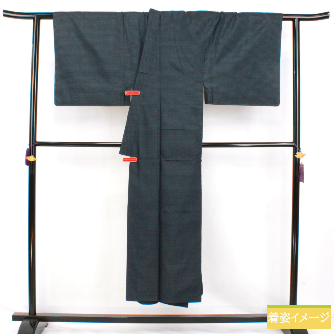 Men's silk S-rank kimono, length 146cm, sleeve length 73cm, Oshima Tsumugi silk with a double-colored horizontal kasuri pattern, lined, navy blue, product number 1119001812418