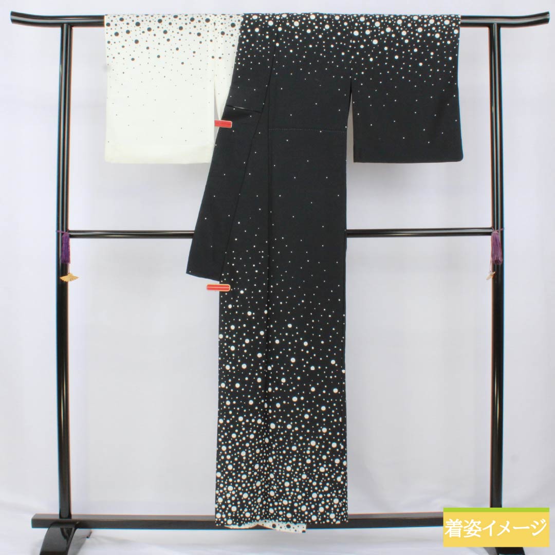 訪問着 ポリエステル Aランク 単衣 身丈154.5cm 裄丈63cm ドット柄 洗える着物 モノトーン 1112006153227