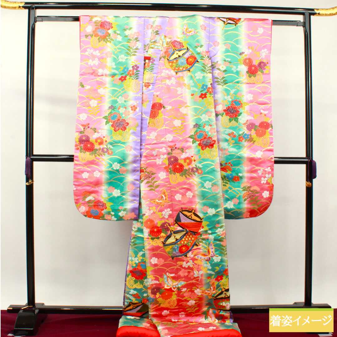 色打掛 正絹 身丈194cm 裄丈66.5cm  唐織 蝶 糸巻き 花車 Aランク 袷 グラデーション系 1110000733999