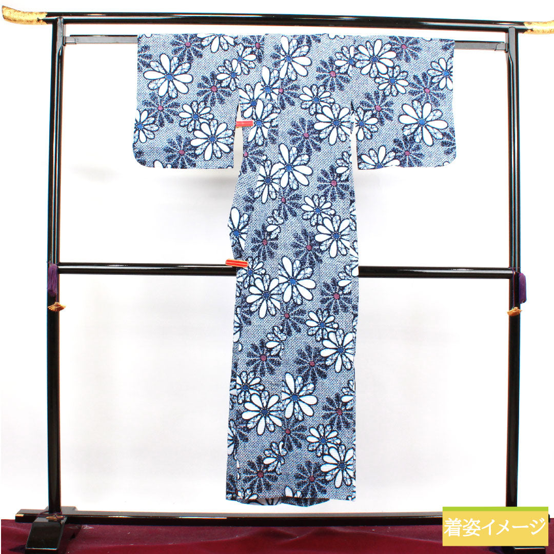 浴衣 木綿 身丈148cm 裄丈63.5cm Sランク 単衣 紺系 濃紺色（のうこんいろ） リップル 菊 1118004572118