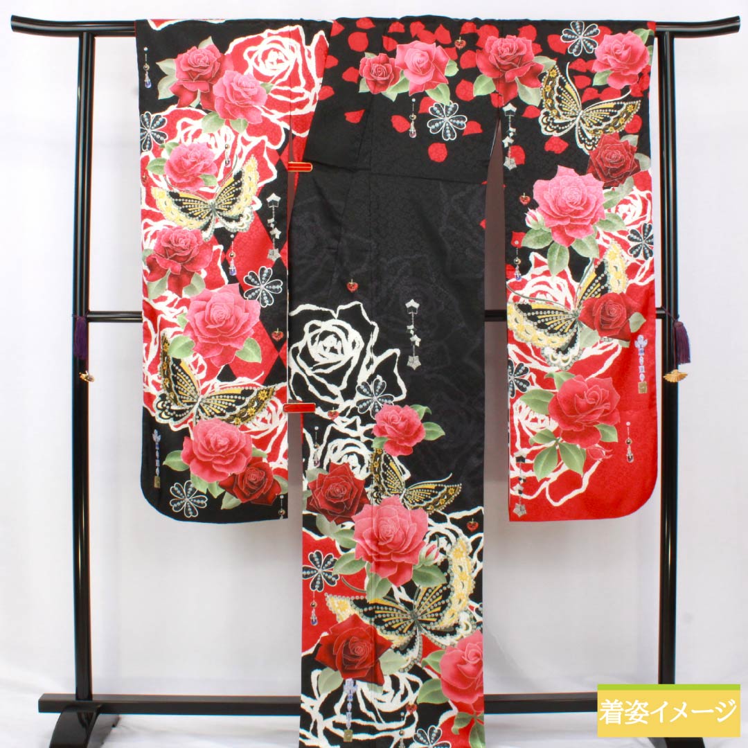 振袖 ポリエステル Sランク 身丈171cm 裄丈67.5cm 袷 薔薇 蝶 洗える着物 黒系 1113002242610