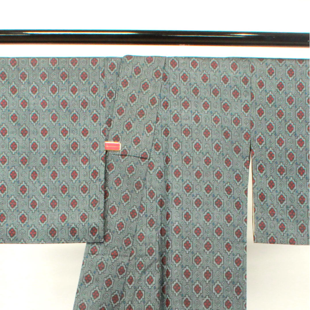 村山大島 身丈154cm 裄丈63cm 幾何学模様 正絹 Aランク 袷 紺系 1116002133218