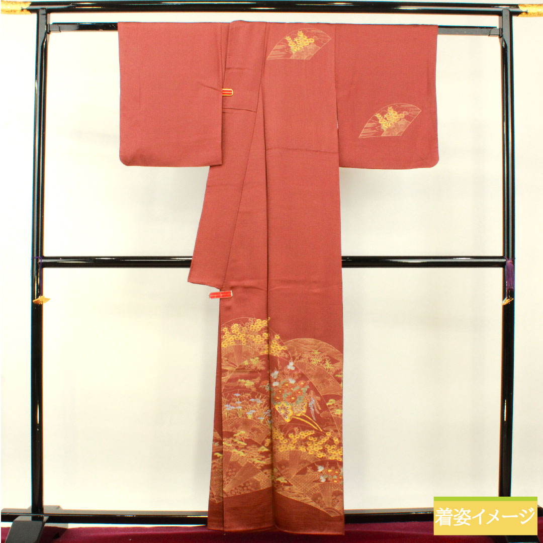 訪問着 正絹 袷 身丈161cm 裄丈63cm 小豆色（あずきいろ） 京友禅 花車 吉祥文様 Sランク 赤系 1112004302412