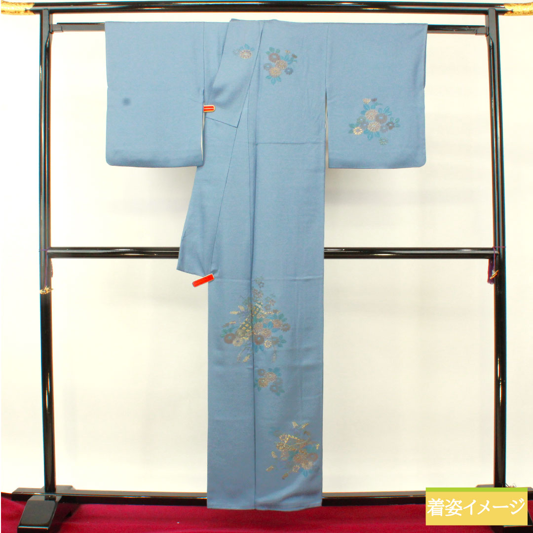 訪問着 正絹 袷 身丈158cm 裄丈63cm 薄花色（うすはないろ） 刺繍 草花模様 Aランク 青系 1112004693317