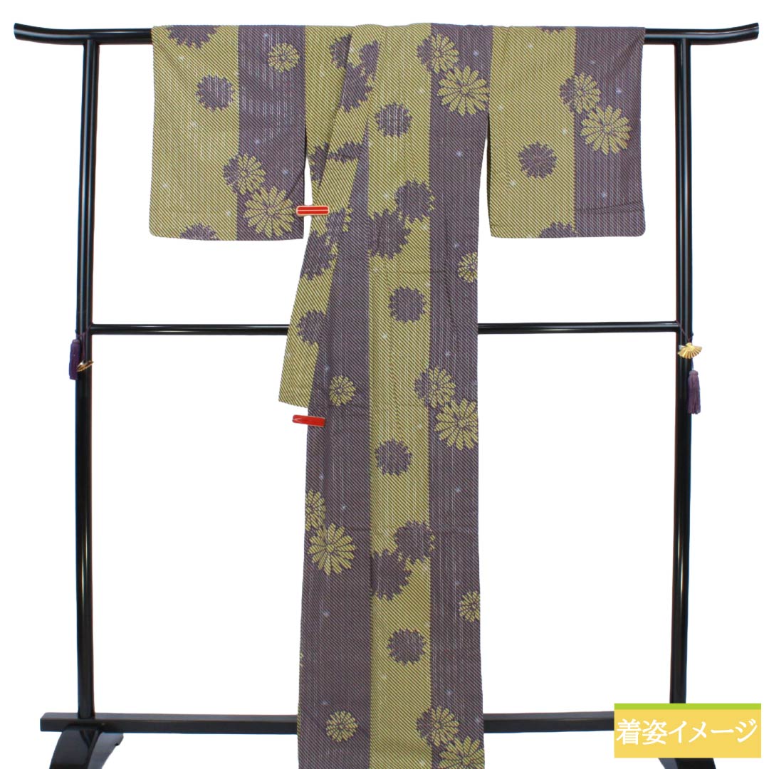 浴衣 木綿 Sランク 身丈168cm 裄丈67.5cm 深滅紫色（ふかきけしむらさきいろ） 白橡色（しろつるばみいろ） 銀通し 菊 単衣 マルチカラー 1118007532528