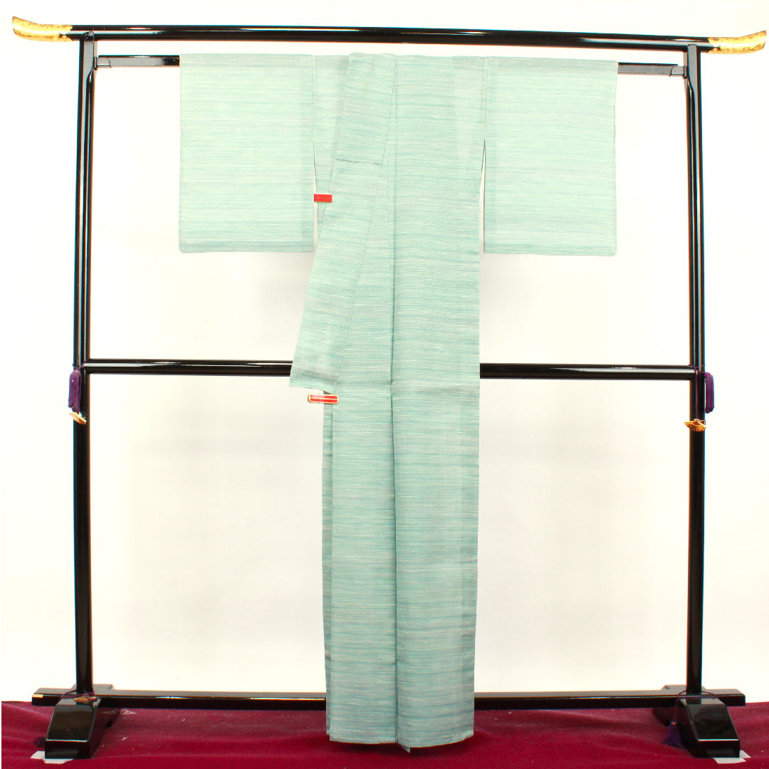 夏物 正絹 紬 身丈163cm 裄丈63cm 薄水色（うすみずいろ） 横縞 紗 Aランク 水色系 1132001023424