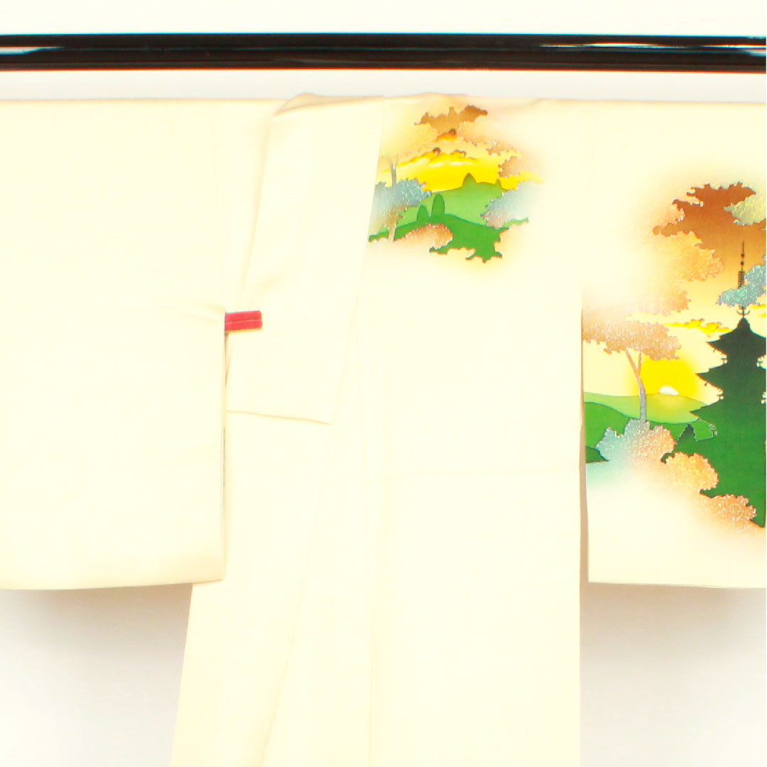 訪問着 袷 身丈152cm 裄丈60cm 砥粉色 風景模様 正絹 Aランク クリーム系 1112001873215