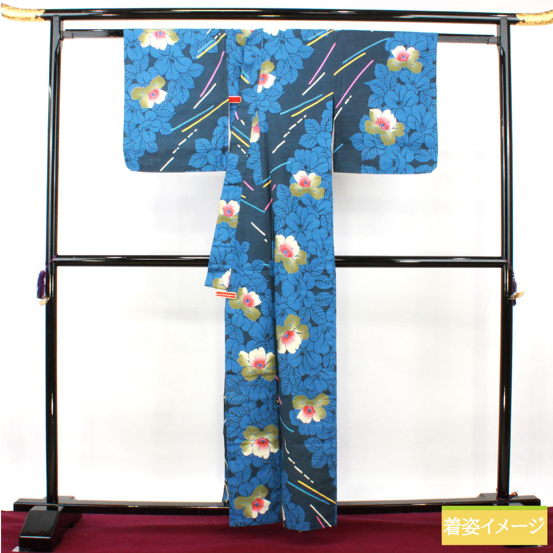 Yukata Cotton Length 161cm Sleeve length 65.5cm S rank Single layer Navy blue Navy iron color Camellia 1118005172418