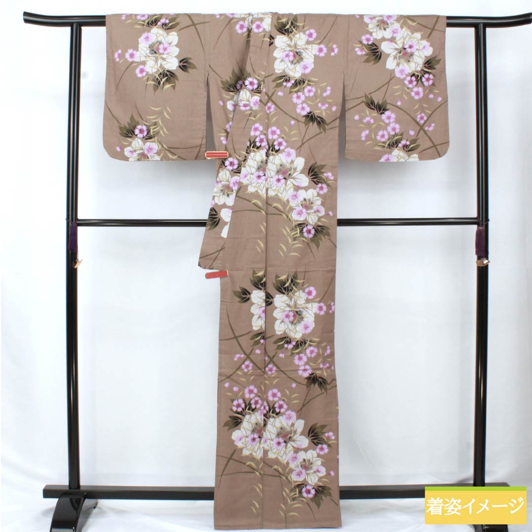 浴衣 木綿 身丈163.5cm 裄丈65.5cm Sランク 単衣 ベージュ系 茶鼠色（ちゃねずいろ） 撫子 1118006202425