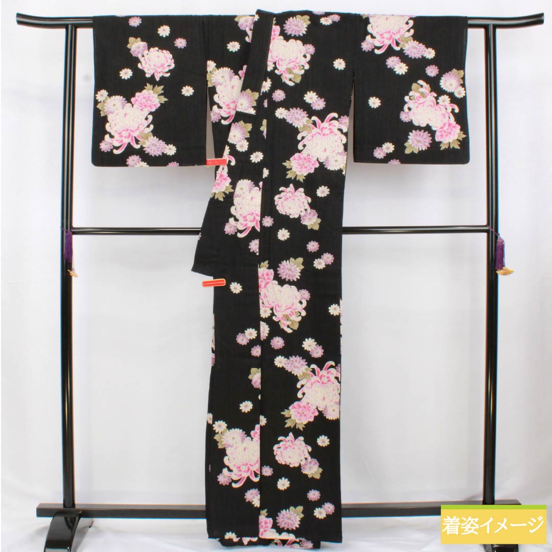浴衣 木綿 身丈164cm 裄丈69.5cm Sランク 単衣 黒系 菊 1118006282410