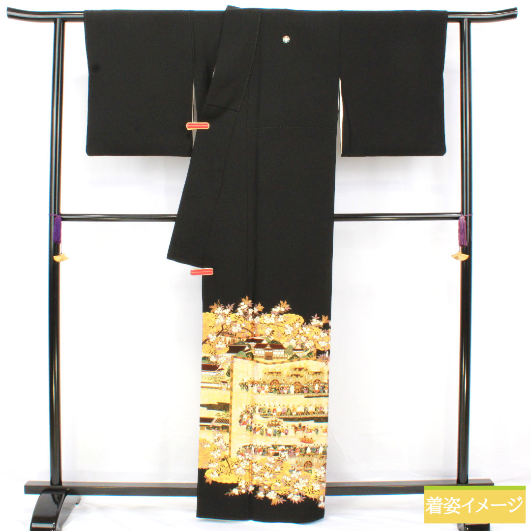 Black formal kimono, pure silk, length 162.5cm, sleeve length 69cm, lined, Kyoto Yuzen, feudal lord procession, artist work, Matsuo Korin, five crests, circle with four corners, A rank, black, 1111001603410