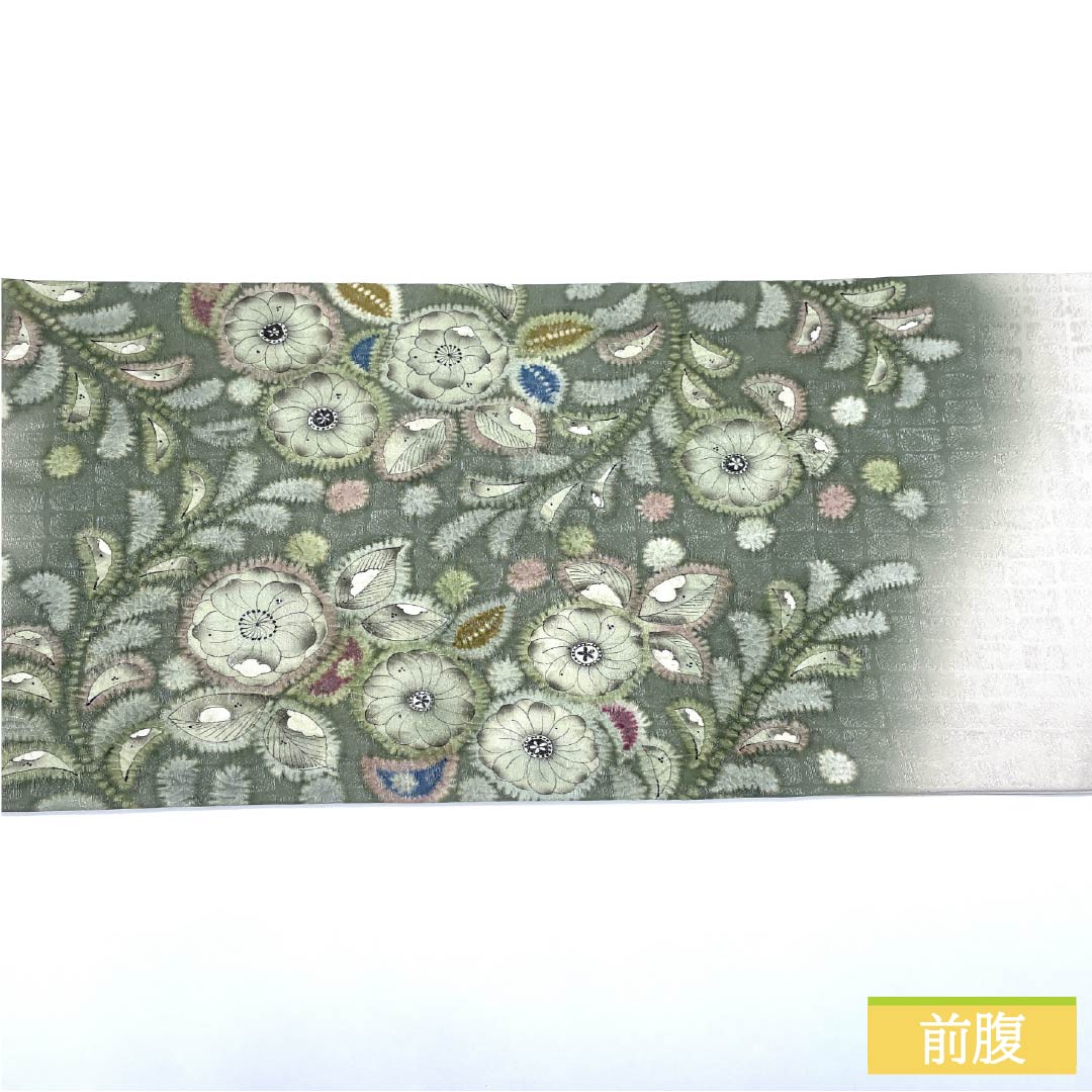 袋帯 正絹 青柳鼠色（あおやなぎねずいろ） 絞り 辻ヶ花 帯丈442cm Sランク ポイント柄 セミフォーマル 緑系 1123014842319