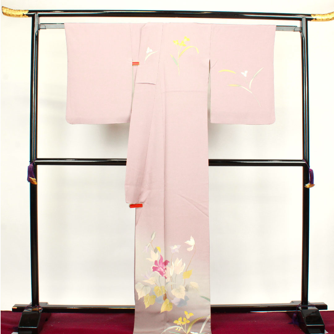 訪問着 袷 身丈180.5cm 裄丈70cm 葡萄色 京友禅 抽象花 正絹 Aランク 紫系 1112002643820