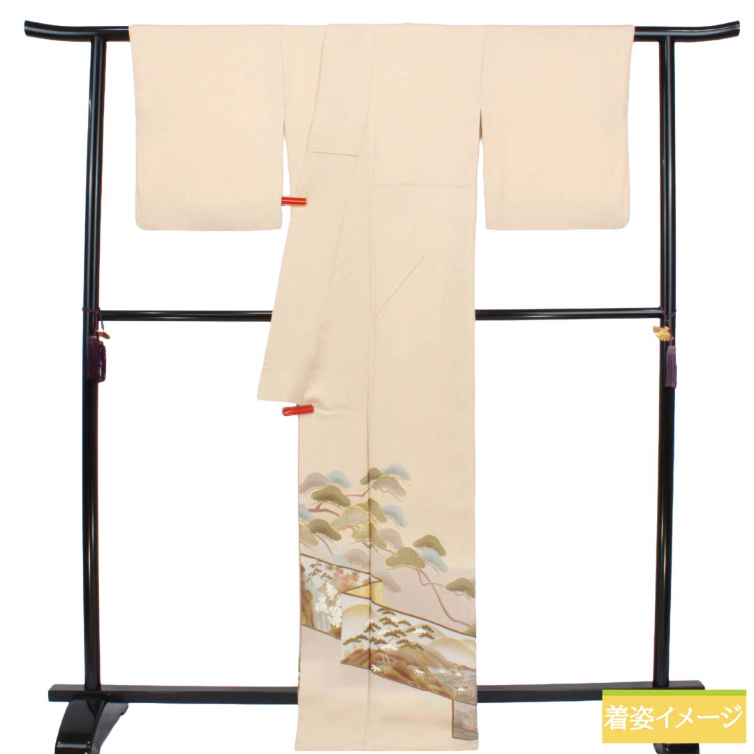 色留袖 正絹 Sランク 身丈167cm 裄丈68cm 袷 東京白茶色（とうきょうしらちゃいろ） 京友禅 松 屏風 一つ紋 丸に三つ柏 パールトーン加工 一つ紋 クリーム系 1111002182515