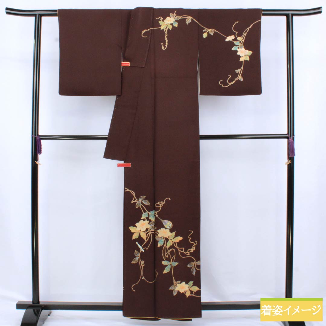 訪問着 正絹 Aランク 袷 身丈157.5cm 裄丈62cm 臙脂墨色（えんじずみいろ） 縫い紋 五三桐 金彩友禅 不破充博 琵琶 茶系 1112006193314