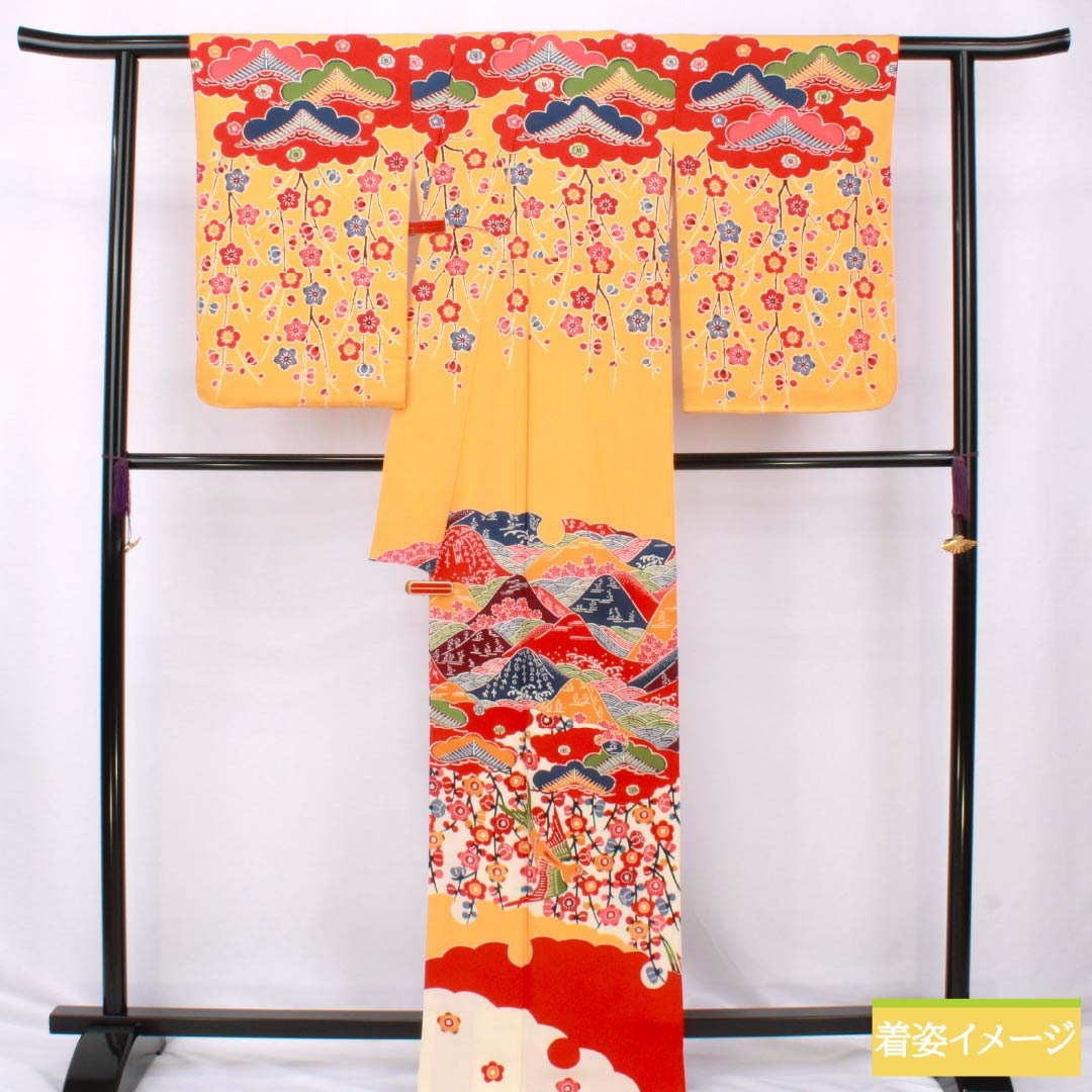 訪問着 正絹 Sランク 袷 身丈167cm 裄丈65.5cm 蜜柑色（みかんいろ） 京紅型 吉祥文様 橙系 1112006432526
